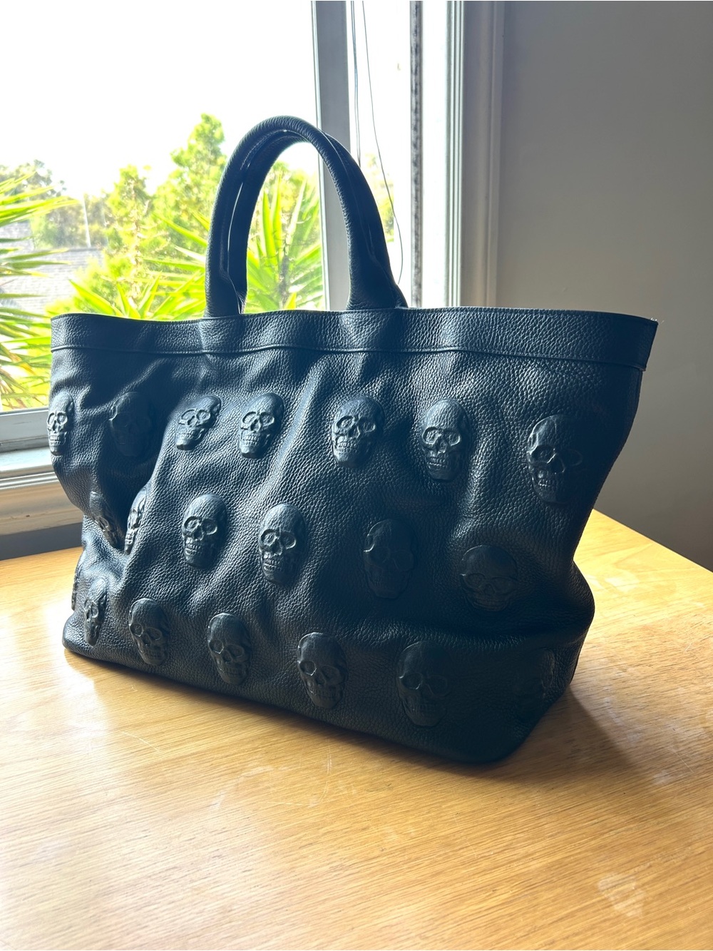 Black Embossed Skull Leather Tote